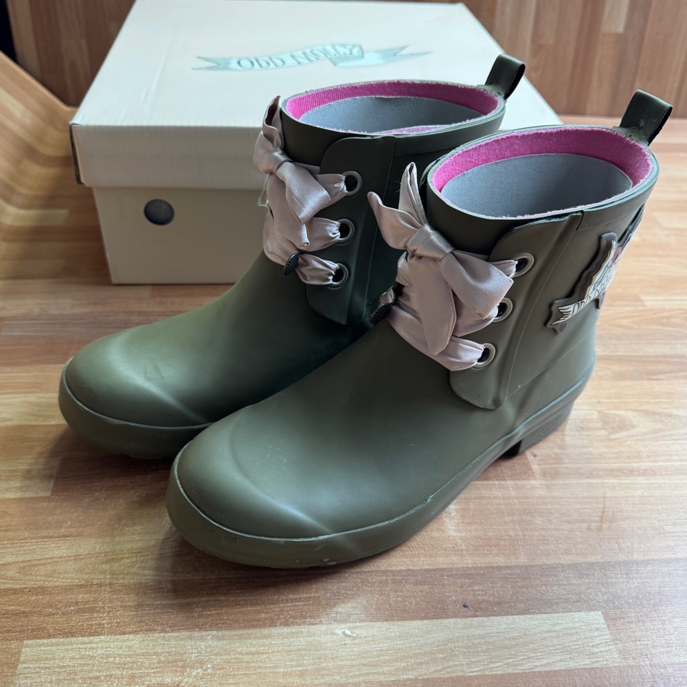Odd Molly Olive Green Rain Boots with Pink Lining and Beige Ribbon